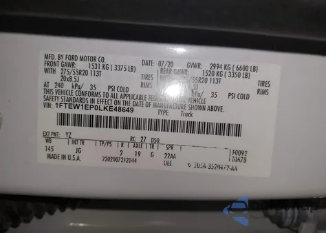 2020 Ford F-150 Xl from USA, damaged, VIN 1FTEW1EP0LKE48649